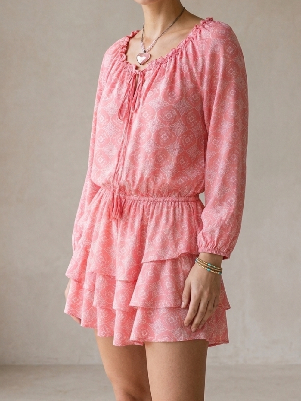 Macbeth Collection by Margaret Josephs Airy Coral Pink Printed Peasant Dress XS